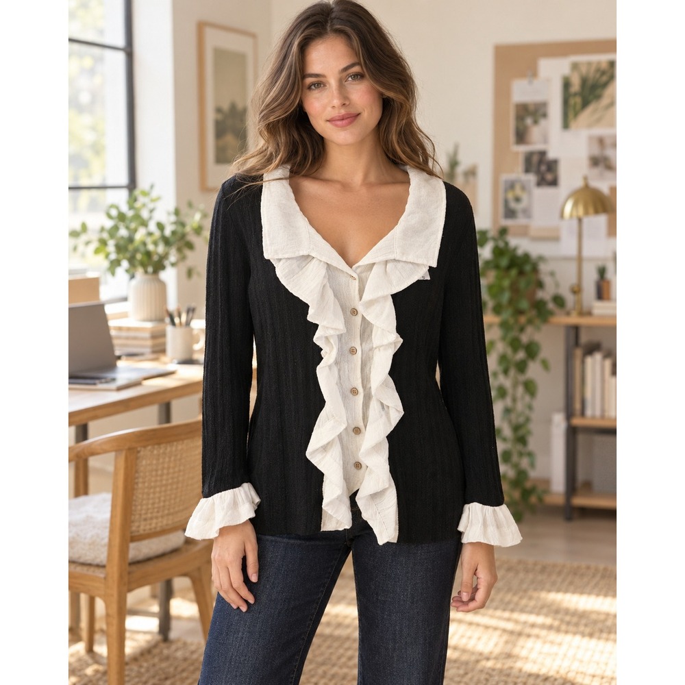 Anthropologie Black Ivory Ruffle Front Cardigan Sweater Size L